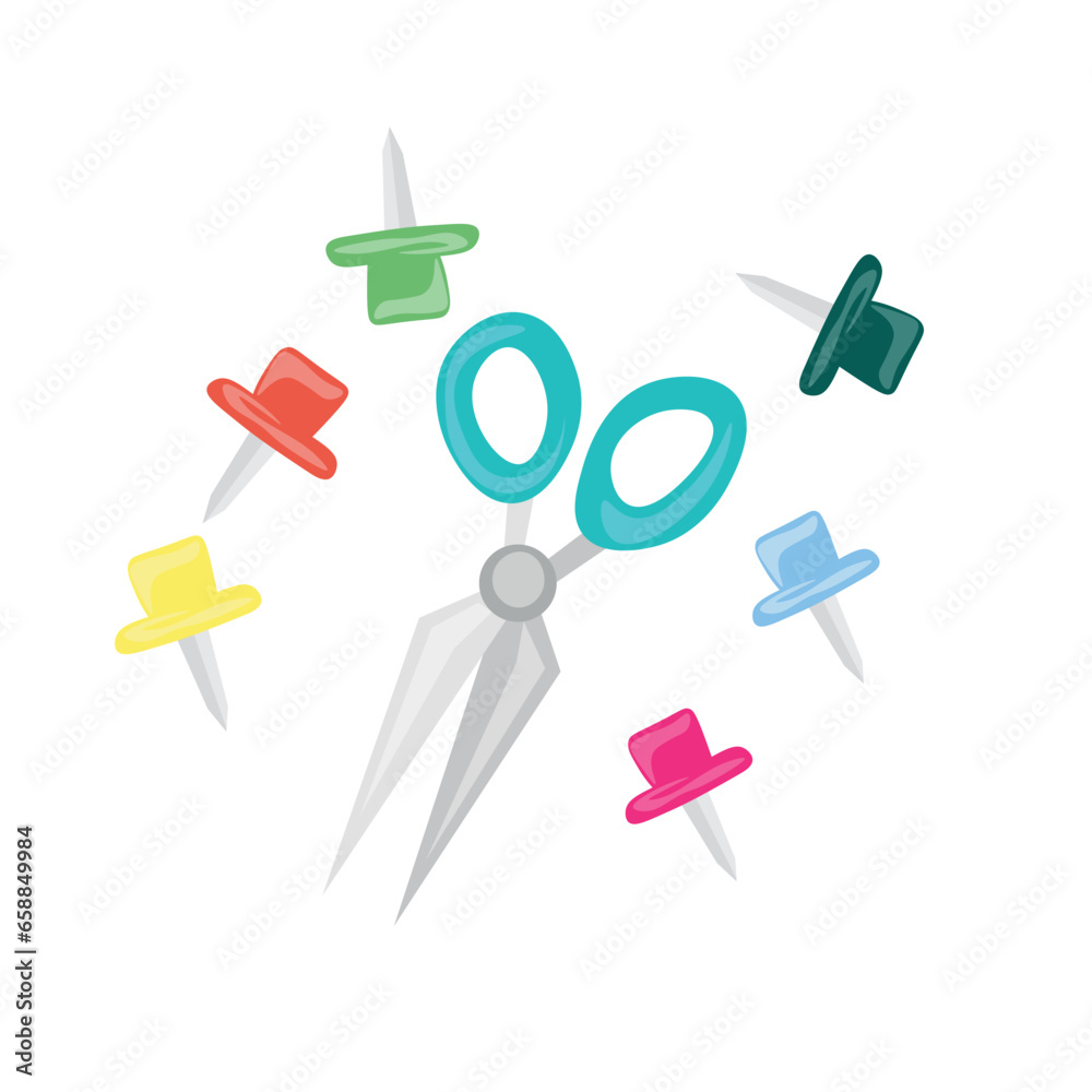 School scissors and paper pins on white background