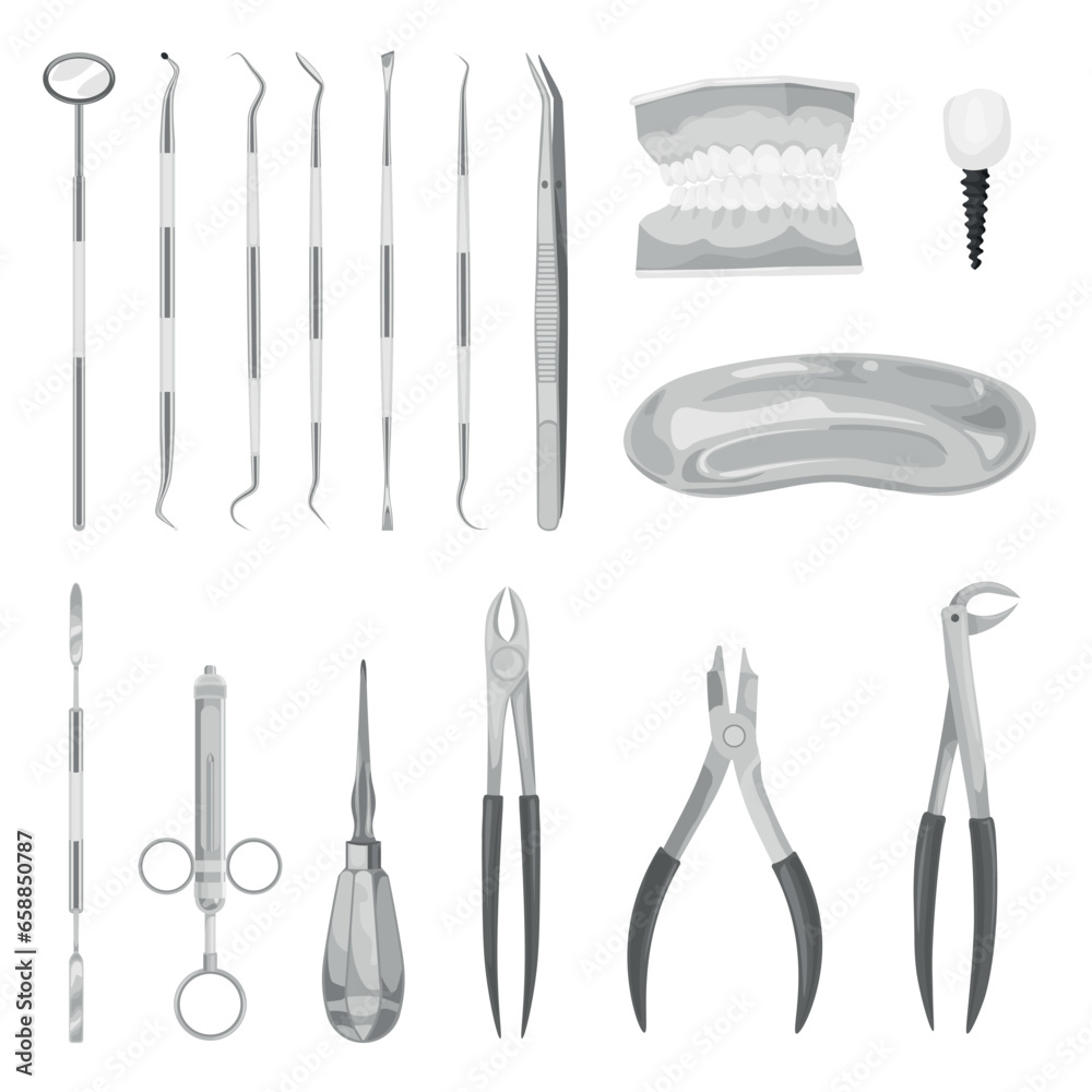 Set dentists supplies on white background