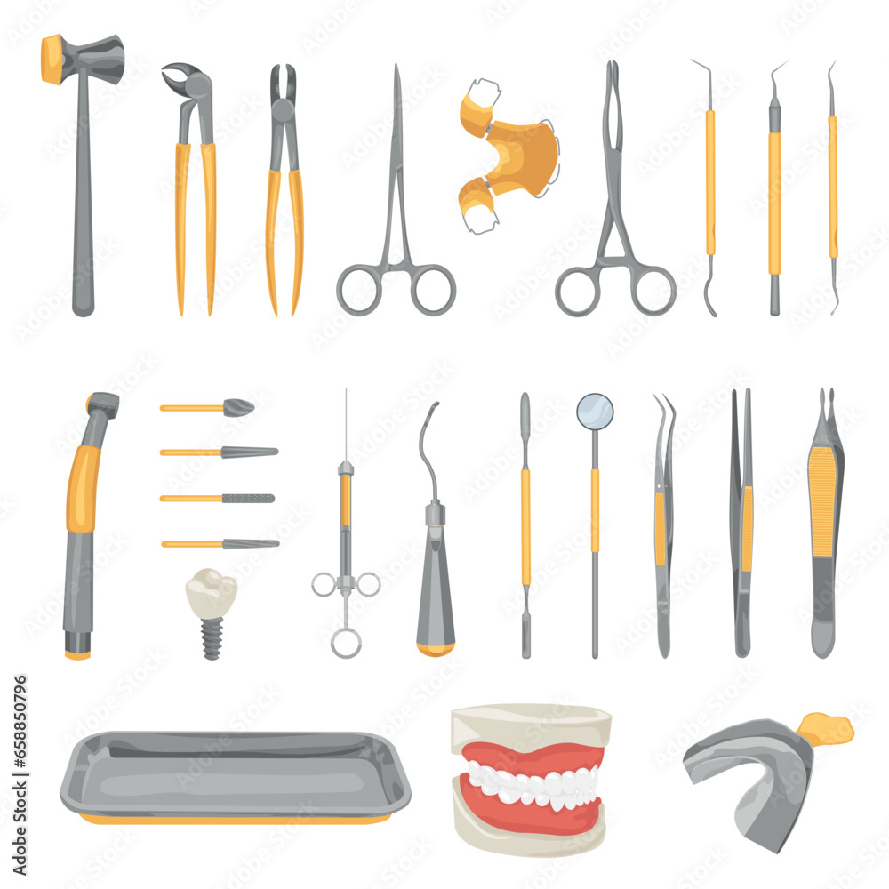 Set dentists supplies on white background