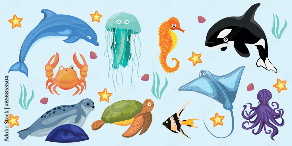 Set of sea animals on light blue background