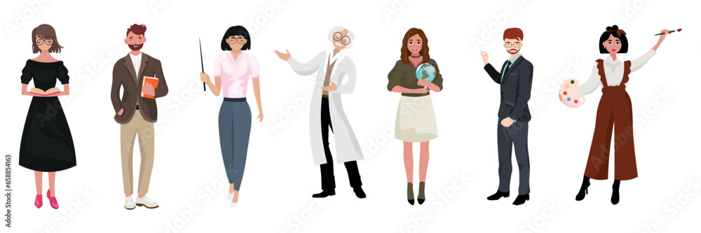 Group of different teachers on white background