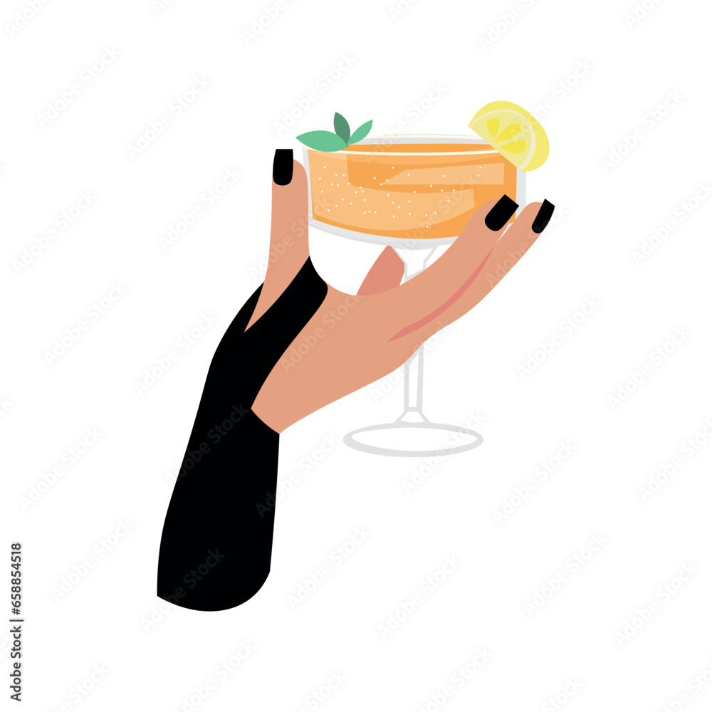 Female hand holding glass of sparkling cocktail on white background