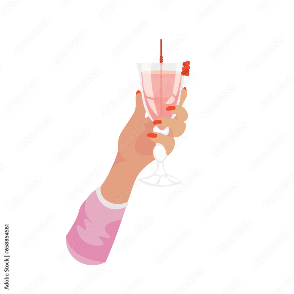 Female hand holding glass of tasty cocktail on white background