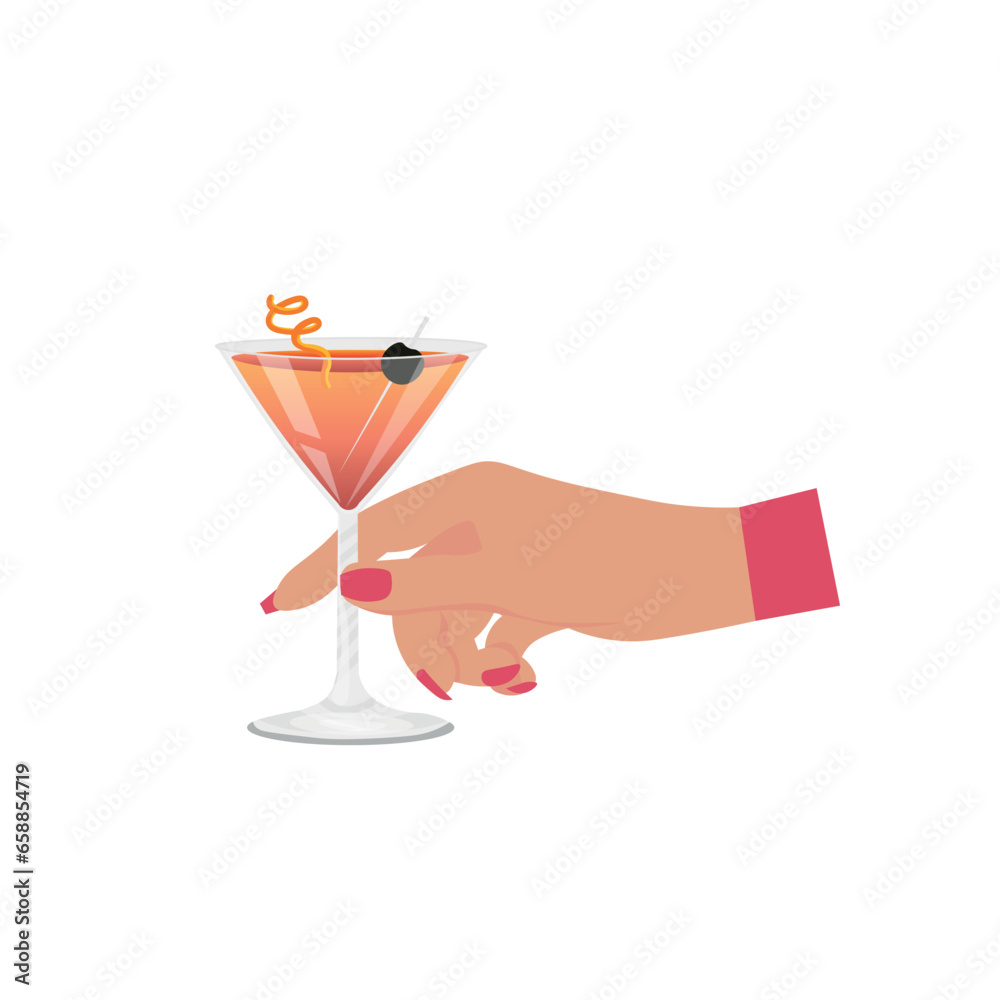 Female hand holding glass of tasty cocktail on white background