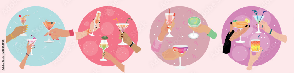 Female hands holding glasses of tasty cocktails on light background