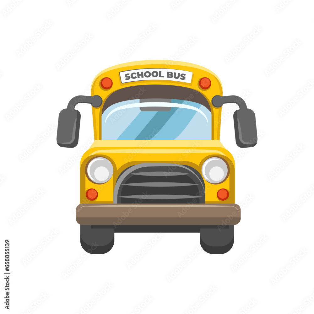 Yellow school bus on white background, front view