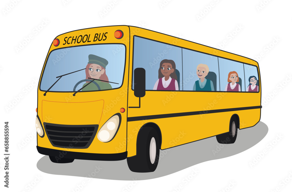 School bus with students on white background