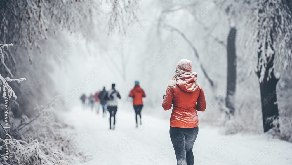 Woman running in winter forest. Female runner jogging in snowy forest.