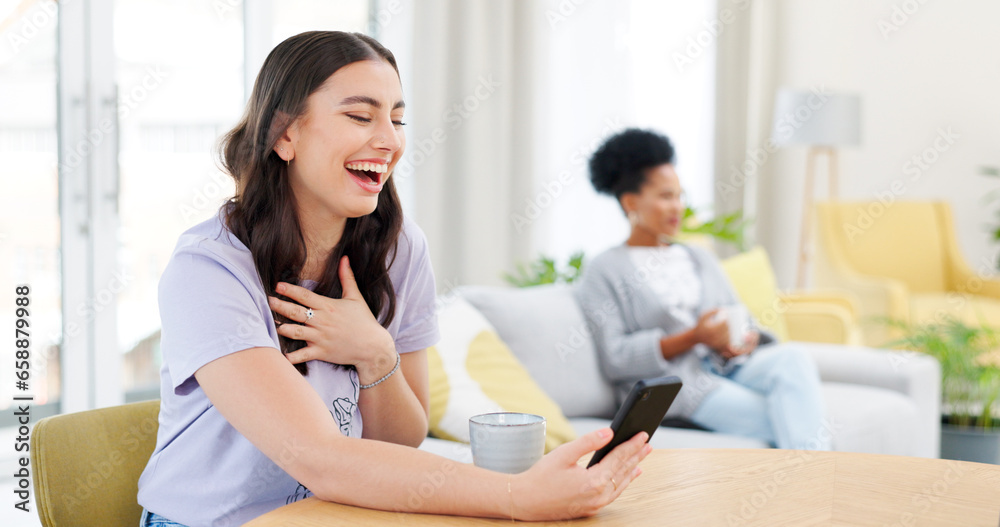 Phone, laughing and young woman in the living room watching a video on social media or mobile app. Happy, cellphone and female person reading funny post on the internet in the lounge at apartment.