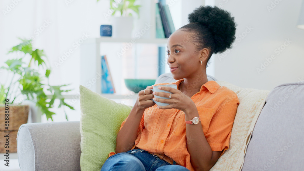 Black woman, smiling and sofa with hot beverage, relaxing and house for self care, lounge and break. Me time, comfort and quality time in home, lounge and day off for resting, laughing and happiness