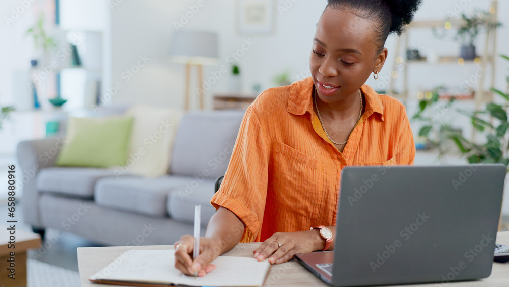 Student, writing and black woman with laptop in home with online class, notes and studying with research or elearning. College, notebook and girl with distance learning, education or planning project