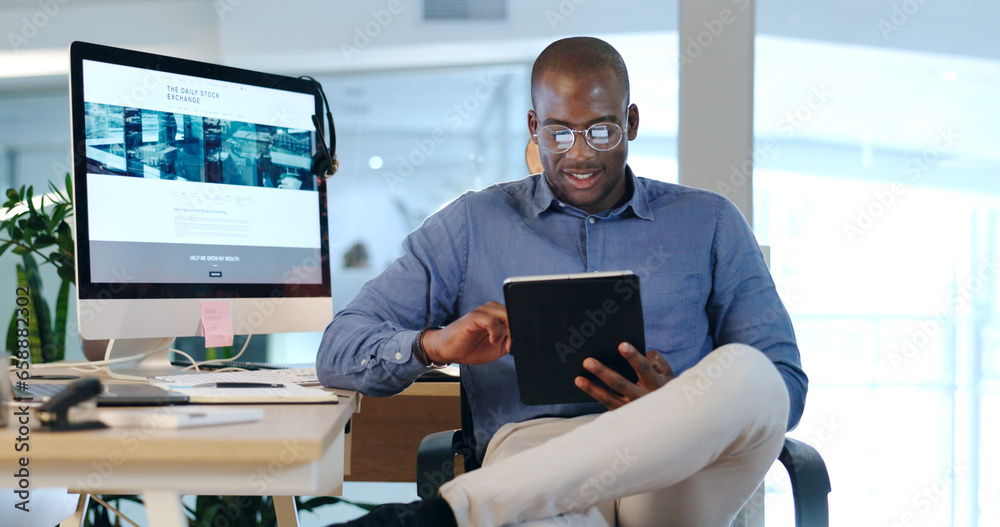 Businessman, black man and tablet for internet, social media and research in modern office with glasses. Face, african person and touchscreen for reading, technology and online meme at work on break