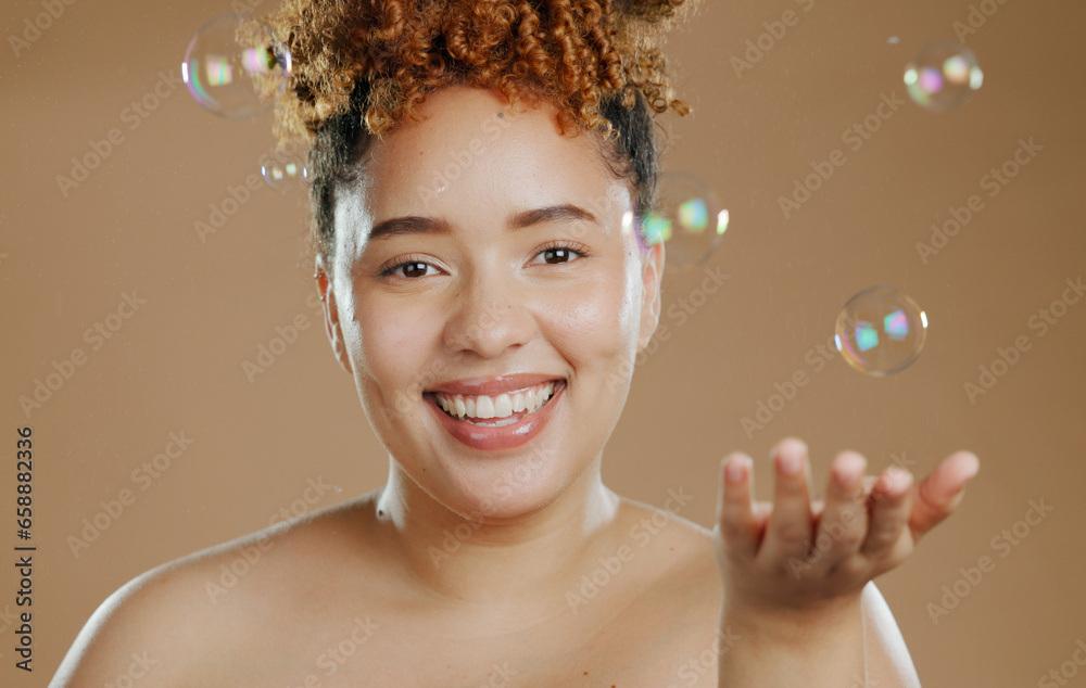 Portrait, skincare and woman with bubbles in studio for beauty in mockup with brown background. Person, model and smile with satisfaction for wellness with treatment, smooth and glow of face