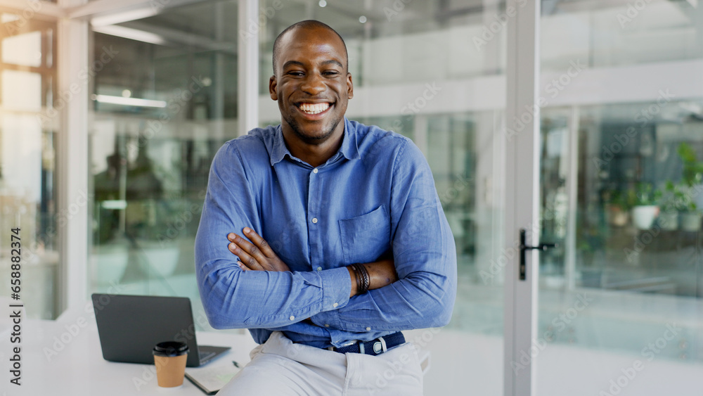 Portrait, business and black man with a smile, arms crossed and employee with startup, office and professional. Worker, corporate and career with consultant, funny and entrepreneur in a workplace