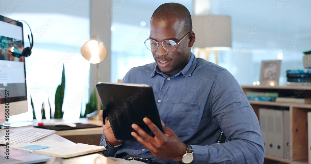 Businessman, black man and tablet for research, planning and networking in modern office with glasses. Face, african person and touchscreen for reading, technology and digital marketing at workplace