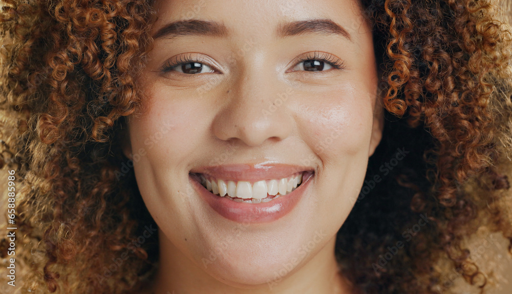 Portrait, closeup and woman for skincare in studio, mockup and brown background for beauty. Female model, face and smile in happiness with results for dermatology of treatment, facial or cosmetic