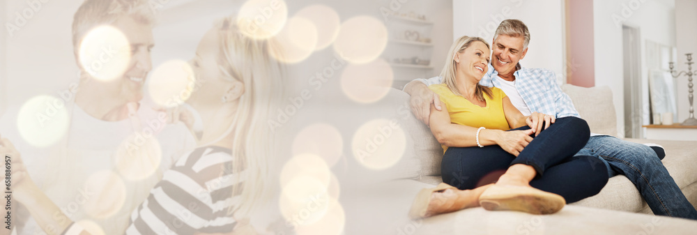 Double exposure, couch and mature couple with love and relax together in the morning in a living room for happiness. Sofa, care and happy man hug or embrace woman in a home with romance bonding