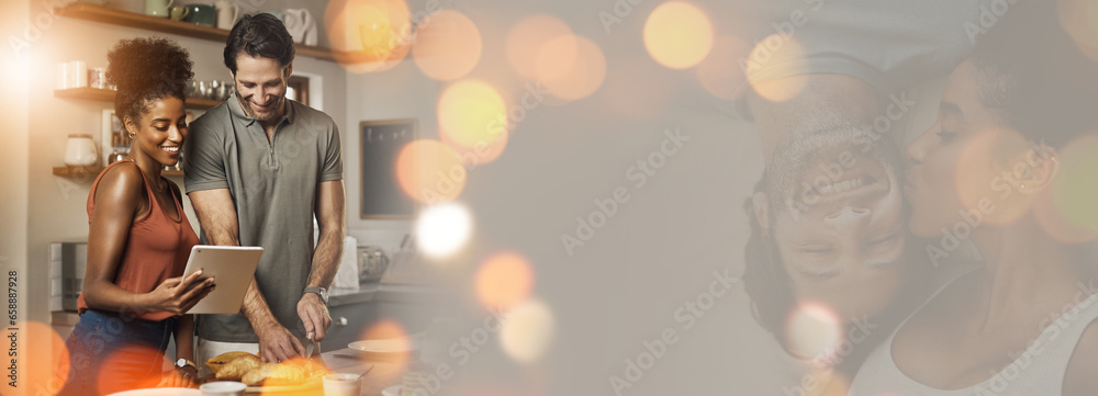 Couple, cooking and happy with online recipe in kitchen, love and bonding with food, diet and cut vegetables. Diversity people, bokeh and kiss on cheek, overlay and double exposure on food website