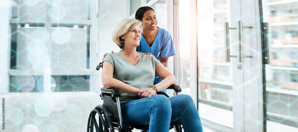 Patient with disability, nurse and smile in clinic for healthcare, wellness and medicare. Medical professional, bokeh and overlay in mockup, physiotherapy and happy, assistance and insurance