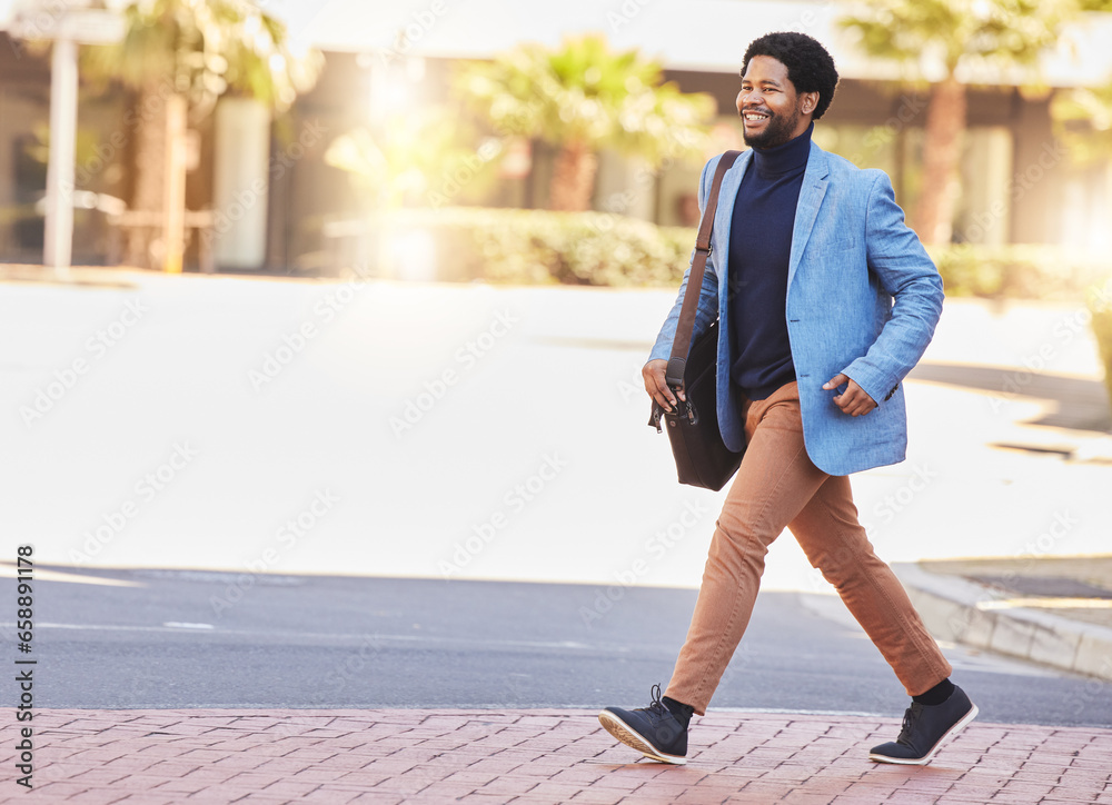 Happy black man, city and walking to work for business travel, trip or opportunity on outdoor sidewalk. African businessman smile in happiness with bag for career, job or start day in an urban town