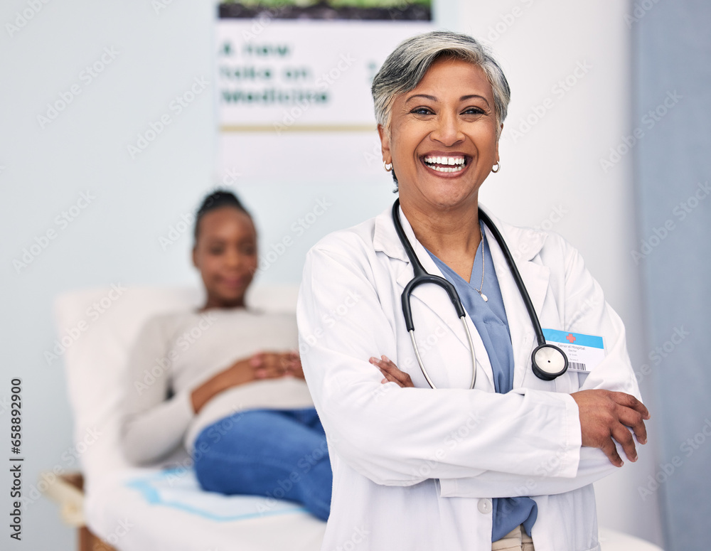 Happy senior woman, portrait and doctor with arms crossed for professional healthcare at hospital. Mature female person, nurse or medical surgeon smile with patient for checkup appointment at clinic