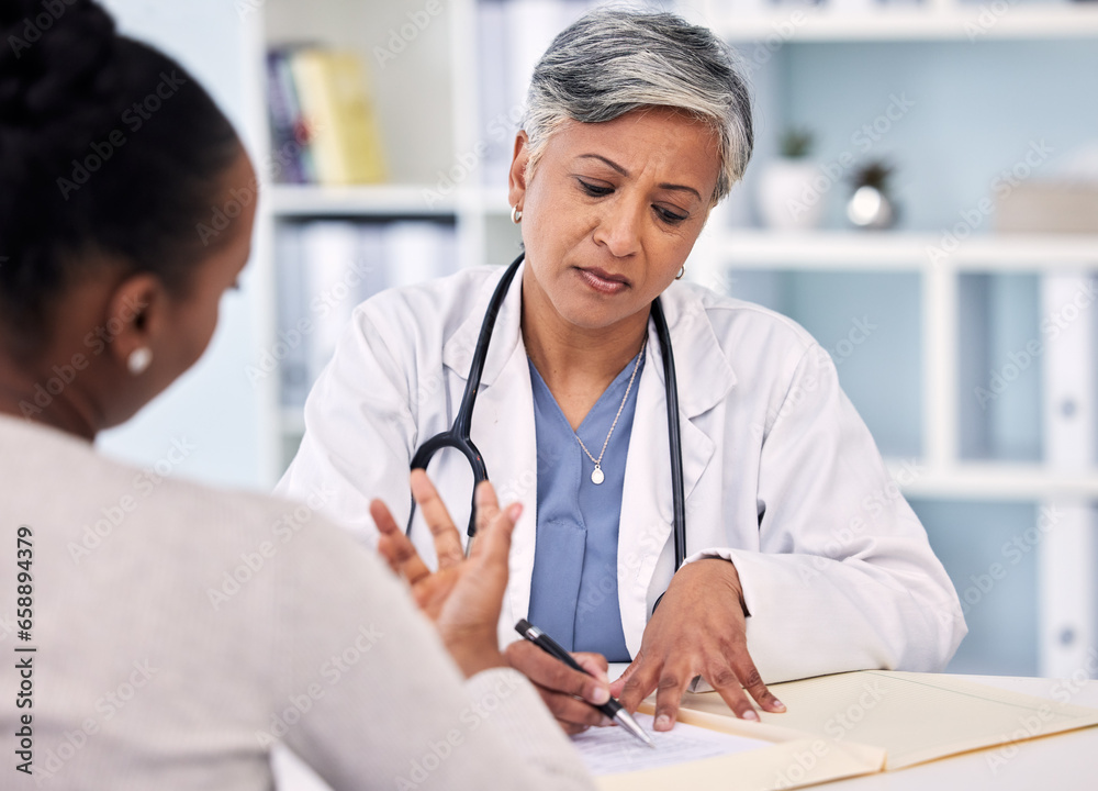 Senior doctor, patient and writing prescription, diagnosis or notes for checkup, results or consultation at hospital. Mature female person, medical or healthcare filling paperwork or life insurance