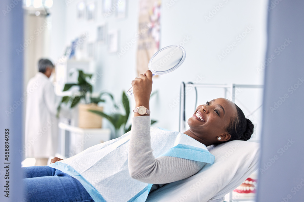 Smile, mirror and black woman at dentist on chair in clinic, tooth treatment and cleaning. Reflection, dental orthodontics and happy person teeth whitening, oral hygiene and healthcare for wellness