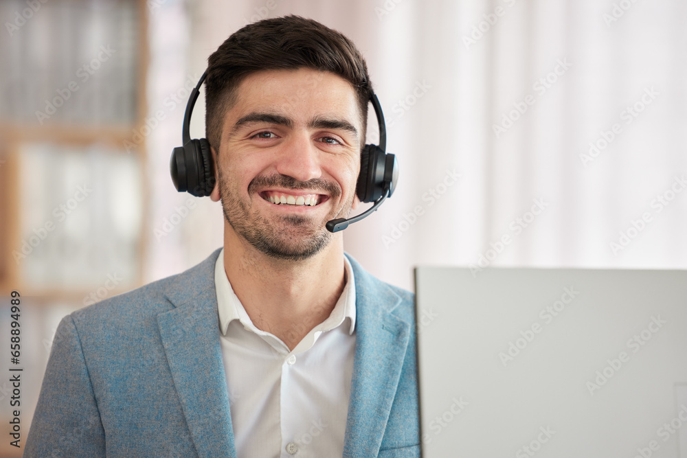 Portrait, businessman and smile in happiness with headset for job, customer support or telecom in office. Caucasian, person and employee with joy on face for work in call centre sales or help desk