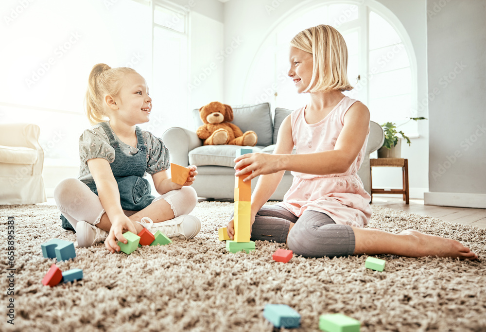 Children, playing and toys on living room floor, home and bonding together, fun and child development. Building blocks, sisters and learning for creativity with activity, relax indoors and happiness