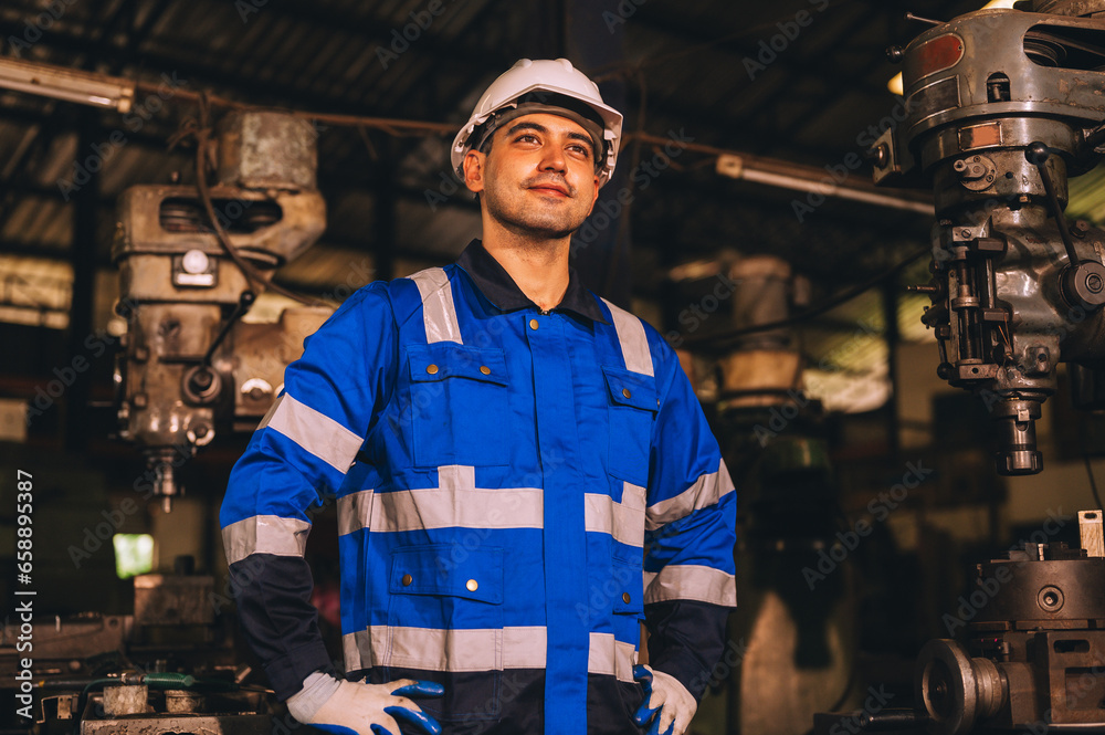 Production engineers are assisting adjusting and maintaining factory machine, Male workers technician examining control the industrial technology tool, professional repair men work in industry plant