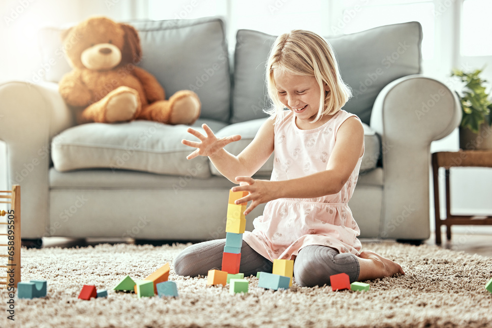 Kid, playing alone and toys on living room floor, house and educational game, fun and child development. Building blocks, girl and learning for creativity with activity, relax indoors and happiness