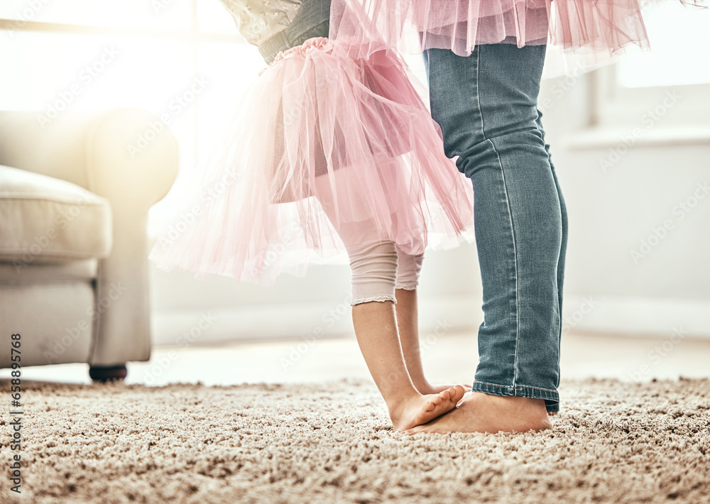 Ballet, feet and father with girl child in a living room with love, learning or dance in their home together. Family time, bond and legs of kid with parent in a house for support, care and security