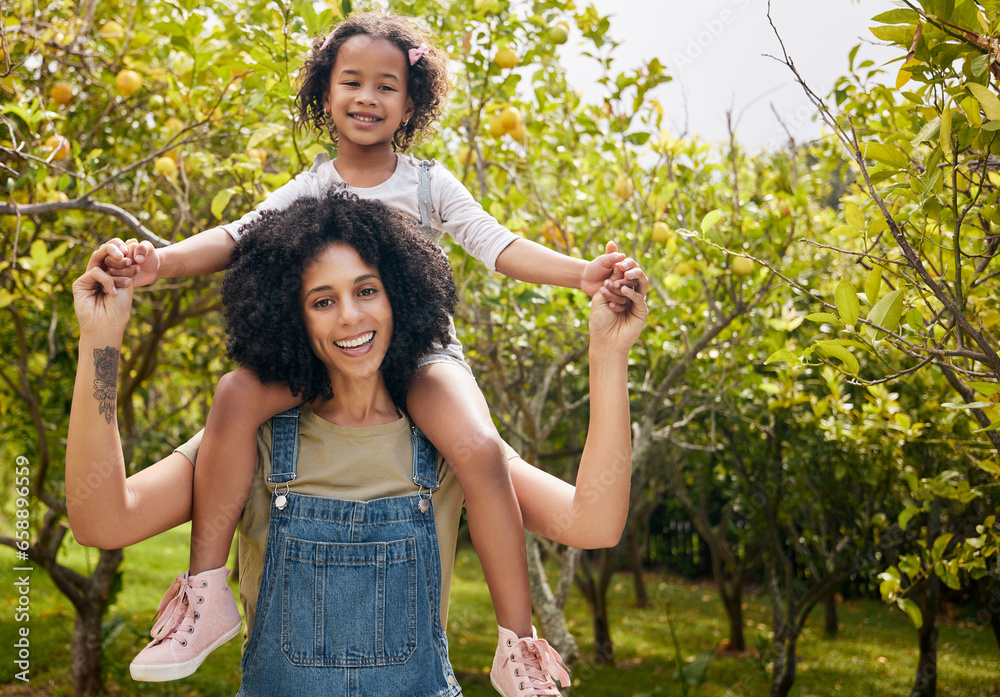 Mother with kid, orchard and portrait, piggyback in nature and agriculture with healthy food and nutrition on farm. Farmer, woman and daughter time picking citrus fruit with lemon harvest and bonding