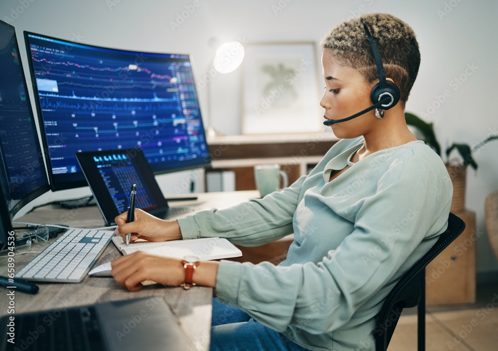 Woman, computer and stock market or notebook in office with smile for finance data, statistics growth or trading. Female, headset and laptop for investment online saving, business or economy