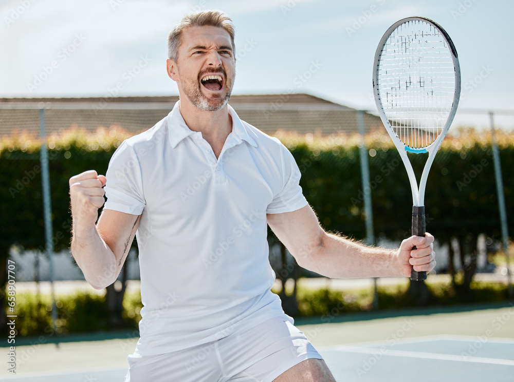 Winning, cheers and senior man with tennis win, celebration and happy with fitness and athlete on outdoor court. Fist pump, sports achievement and winner of competition or match, exercise and success