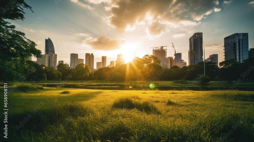 Bangkok beautiful view from Lumpini Park. Green grass field in park at city center with office building urban background Thailand. Generative Ai