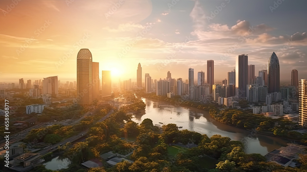 Bangkok beautiful view from Lumpini Park. Green grass field in park at city center with office building urban background Thailand. Generative Ai