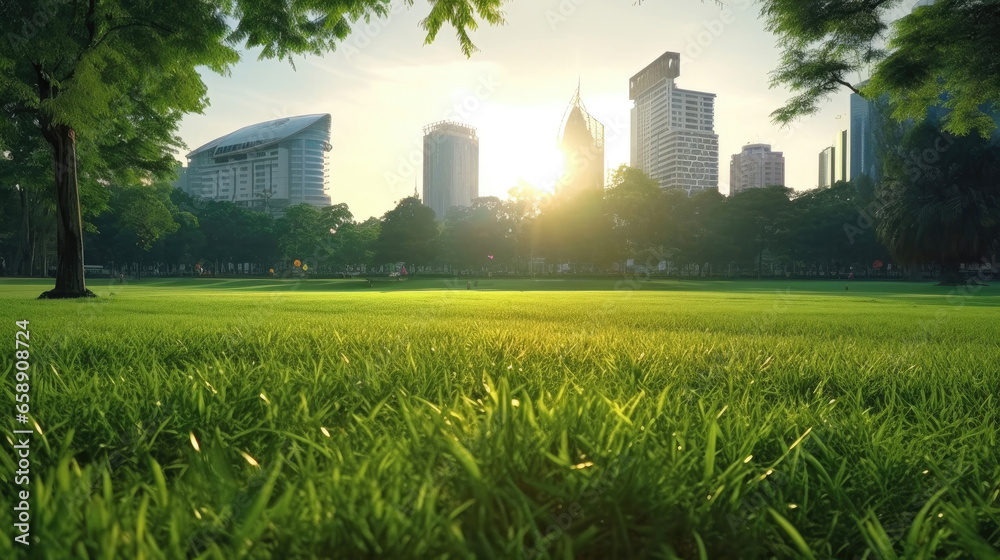 Bangkok beautiful view from Lumpini Park. Green grass field in park at city center with office building urban background Thailand. Generative Ai