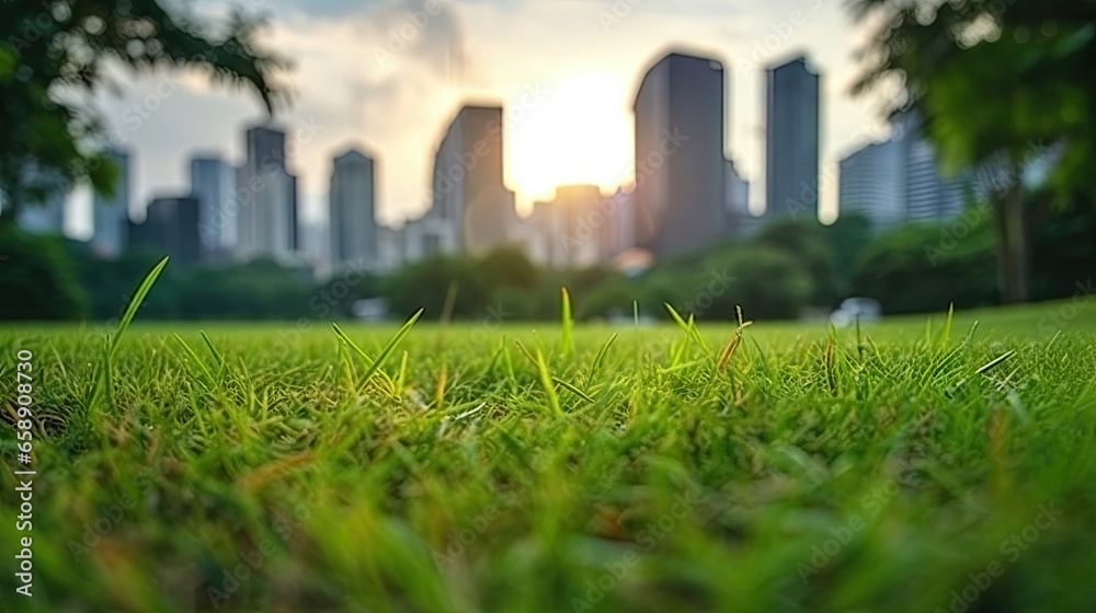 Bangkok beautiful view from Lumpini Park. Green grass field in park at city center with office building urban background Thailand. Generative Ai