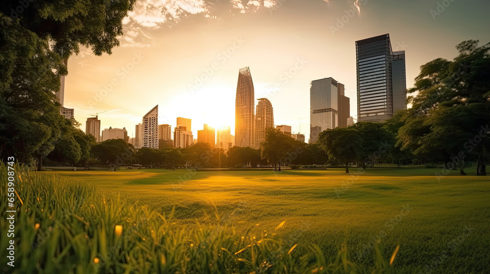 Bangkok beautiful view from Lumpini Park. Green grass field in park at city center with office building urban background Thailand. Generative Ai