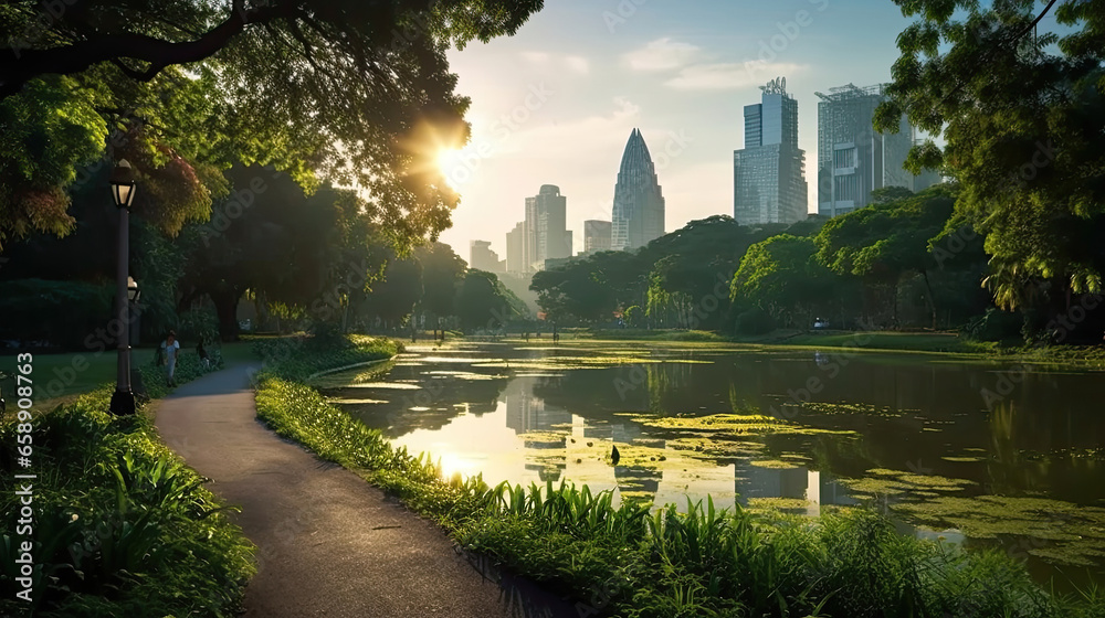 Bangkok beautiful view from Lumpini Park. Green grass field in park at city center with office building urban background Thailand. Generative Ai