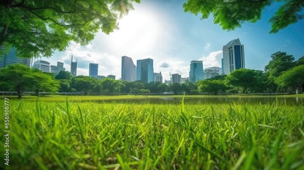 Bangkok beautiful view from Lumpini Park. Green grass field in park at city center with office building urban background Thailand. Generative Ai