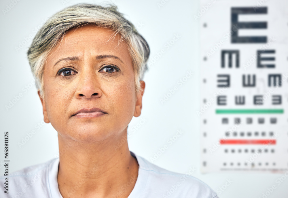 Senior woman, patient and serious portrait and vision test at healthcare, hospital and clinic. Medical exam, elderly female person and face with appointment and ready for prescription for eye care