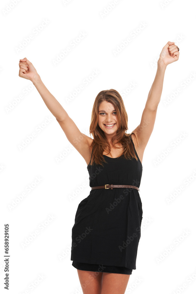 Woman, arms up and celebrate studio fashion smile for promotion branding, winning or excited. Female person, happy cheers and emoji achievement wow advertising, announcement or prize giveaway reward