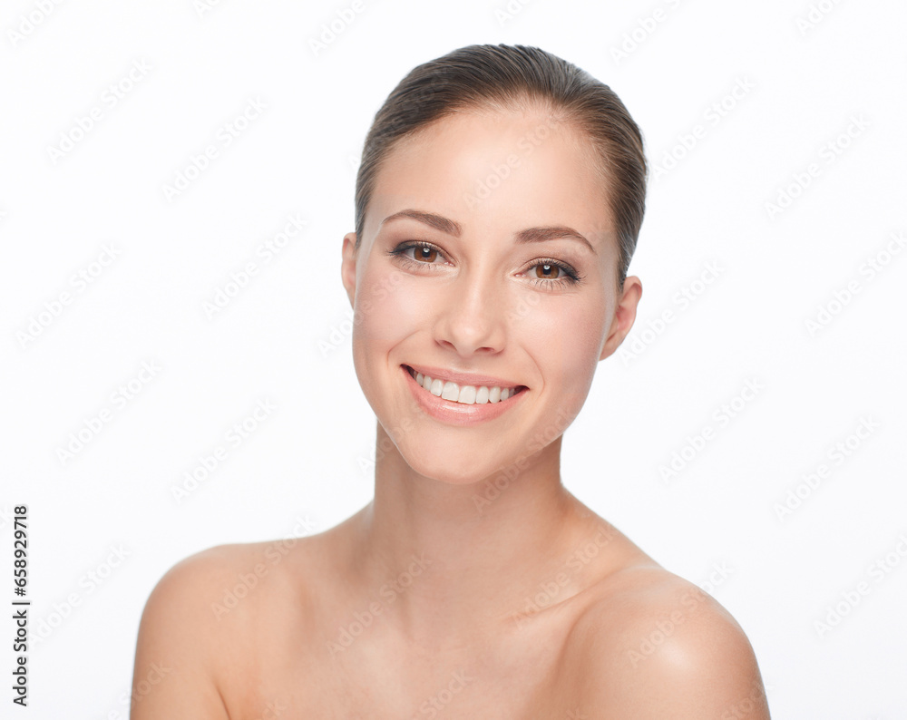 Woman, skincare or studio for shine portrait beauty or cosmetic peel, glow or smile. Model face, clean natural detox or facial exfoliate wellness results, collagen shine hydration on white background