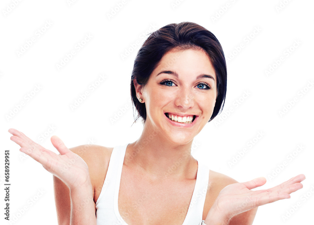 Woman, presentation hands and smile portrait studio advertising sale mockup space, logo or promo. Female model person, happy or gesture branding question information showing, teaching or marketing