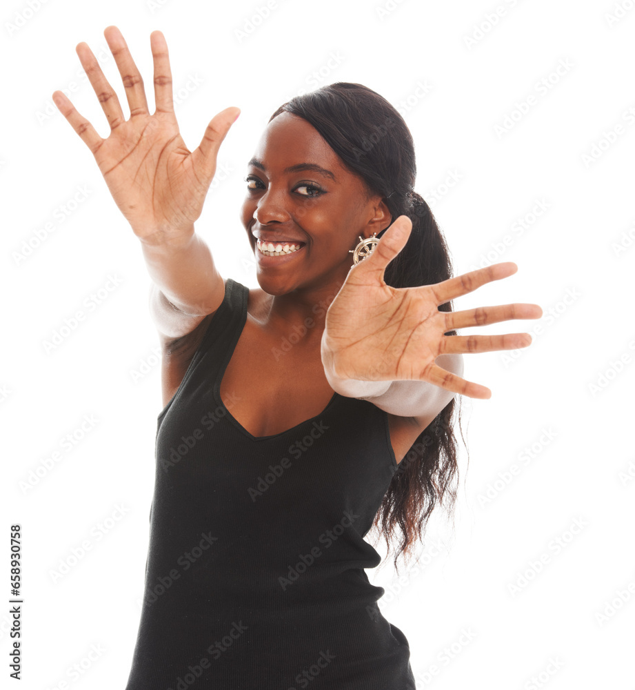 Woman, palm and face frame portrait smile in studio for promotion sale, advertising or communication info. Black female, ten sign hand gesture and white background for retail, marketing or shopping