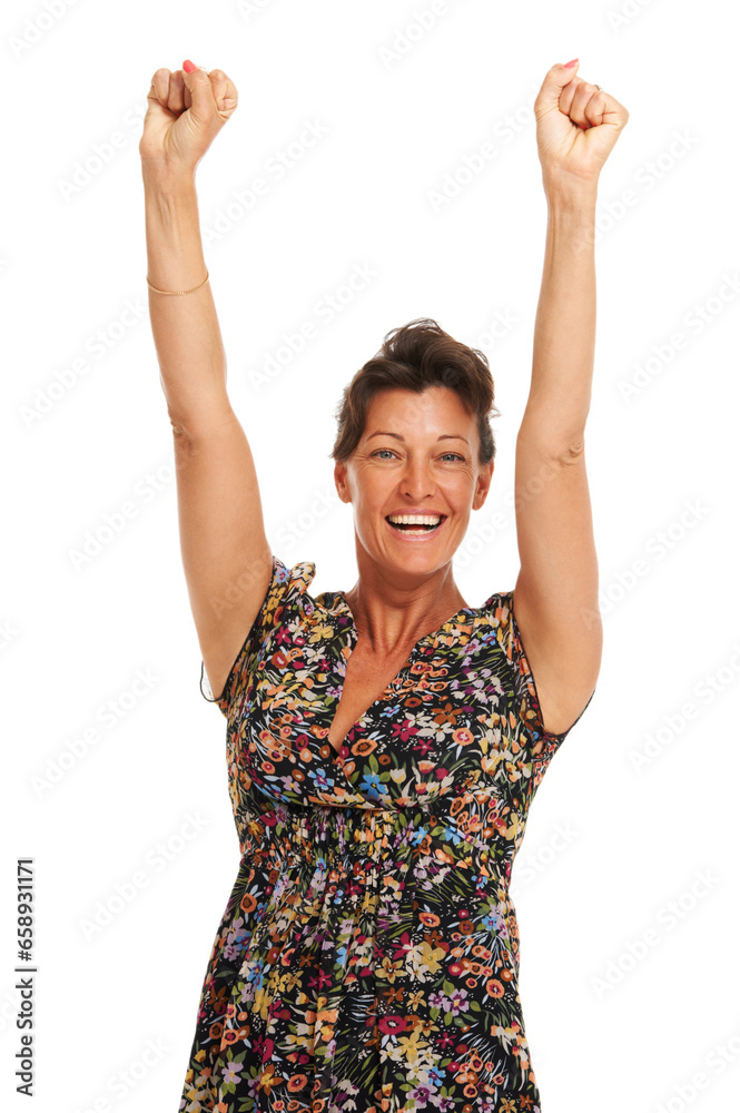 Woman, arms up or portrait winning in studio for happy celebration cheer, congratulations or achievement. Female model person, happy smile or yes emoji energy face or results, approval or goal review