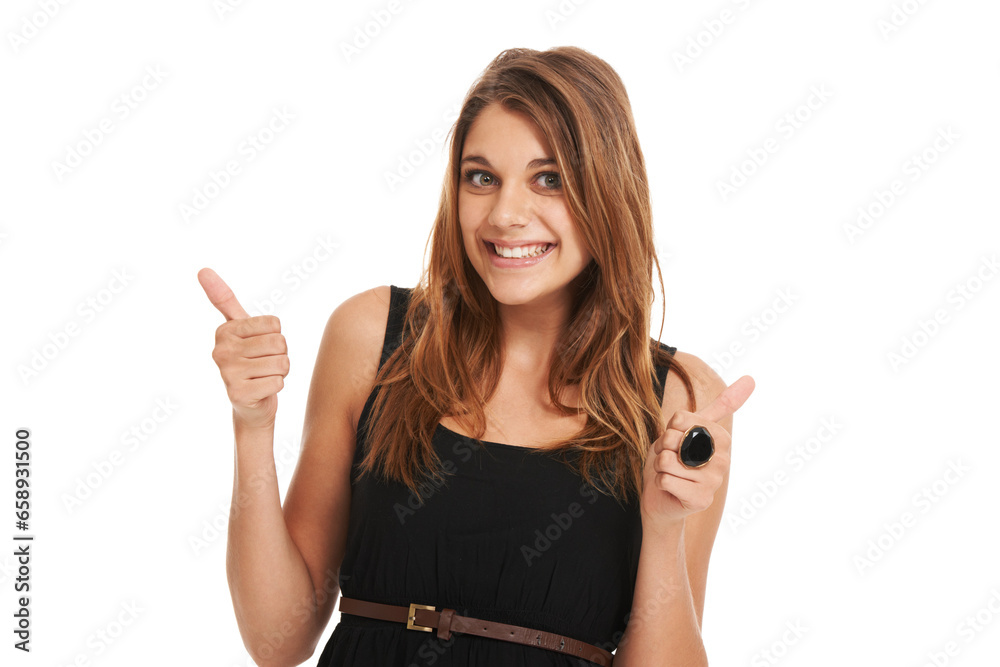 Woman, thumbs up and smile portrait giveaway winner, advertising branding in studio. Female person, hand gesture and yes emoji agreement for promotion happy, approval, feedback or achievement sign