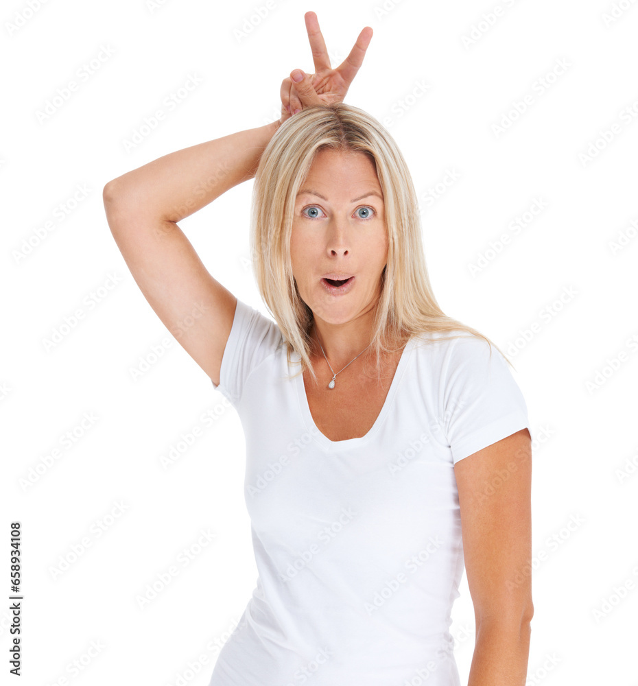 Woman, bunny ears and finger portrait in studio fun surprise, happy or natural face. Female model person, t-shirt and rabbit hand white background for excited, personality emoji or crazy wow comedy